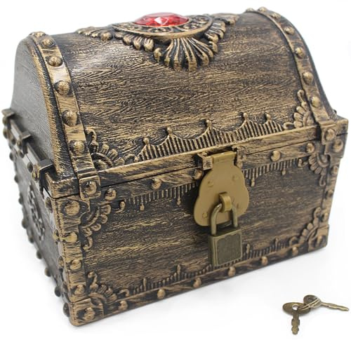 Pemalin Treasure Chest for Kids, Plastic Toy Pirate Chest Decorative - Teacher's Classroom Prize Treasures Collection Storage Box with Lock and Key for Birthday, Halloween, Christmas Party