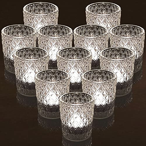 FLCSIed Candle Holders Set of 12, Large Clear Glass Candle Holder Bulk, Tea Lights Candle Holder for Table Centerpiece Wedding Home Holiday Thanksgiving Halloween Decor (Clear)