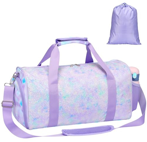 Bagseri Duffel Bags for Kids - Girls Dance Ballet Bag Waterproof Sports Gymnastics Bag for Girls Kids Sleepover Duffel Bag with Shoe Compartment and Dry Wet Separation Pockets (Tie-dye, Purple)