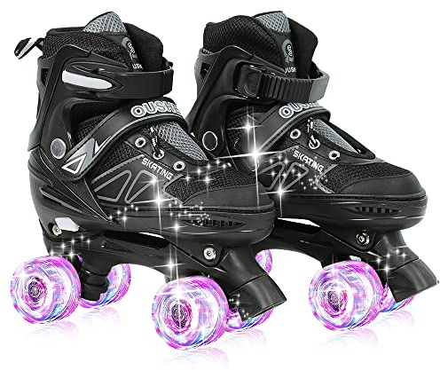XUANYU Rollers Quad pour Enfant avec Roues Lumineuse Patins à roulettes Noir Taille M (Réglable 32 à 37) Confortables et Respirants Roller Skates pour Filles et Garçon Adolescent Débutant