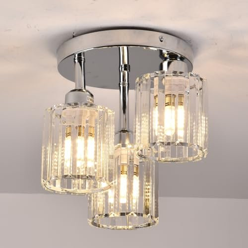Modern Crystal Chandeliers, Chrome Crystal Ceiling Lights - 3-Light Semi Flush Fittings for Living Room, Bedroom, Bathroom, Kitchen, Dining Room and Hallway