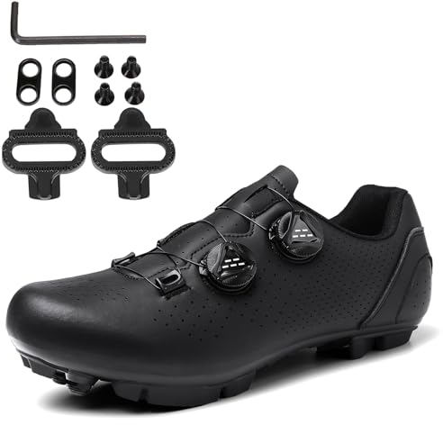 PENXZT Fahrradschuhe für Herren Mountainbike Schuhe kompatibel mit SPD 2 Schrauben mit Cleats, Draussen MTB Schuhe,Schwarz,45 EU