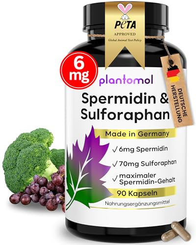 Spermidin Kapseln hochdosiert mit Sulforaphan - 3 Monatsvorrat - plantomol® | Brokkoli Kapseln hochdosiert - Spermidin 6mg und 70mg Sulforaphan Kapseln hochdosiert aus Brokkolisprossen-Extrakt