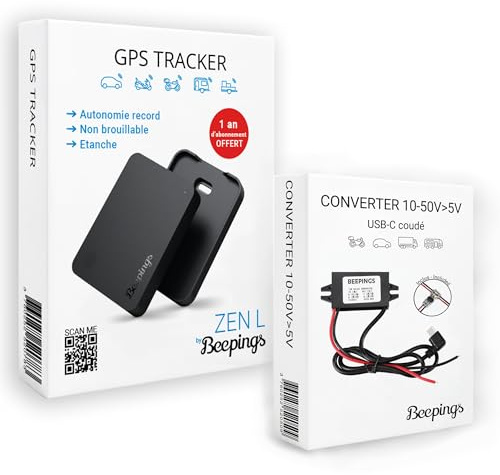 Beepings - Pack Tracker GPS ZEN L + Convertitore - Anti-Jamming - 1 Anno di Abbonamento Incluso - Autonomia Illimitata - Geolocalizzazione in tutta Europa - Auto, Moto, Scooter