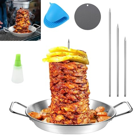 DMJHJY Gyro-Pfanne mit Spieß, vertikale Spießpfanne aus 304 Edelstahl, Gyro-Kochplatte, Gyro-Pfanne mit Spieß für den Ofen, für Tacos Al Pastor, Shawarma Kebabs Smoker Oven BBQ-Gerichte (10 Zoll)