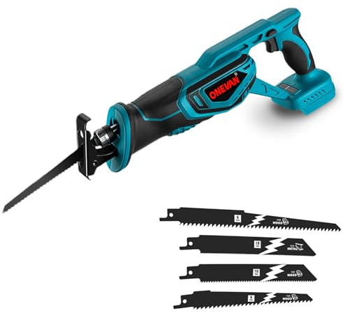 ONEVAN Säbelsäge Akku Kompatibel mit Makita 18V, 41mm Hubhöhe, 3000RPM Reciprosäge Fuchsschwanz Säge Elektrisch Tigersäge für Metall Holz PVC, mit 4 Sägeblätter (keine Akku)
