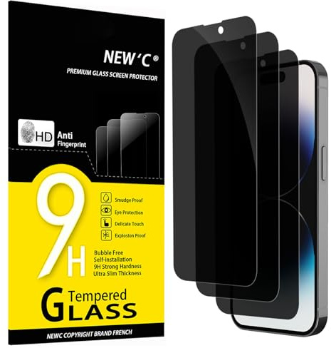 NEW'C 3 Pack Privacy for iPhone 14 Pro Screen Protector (6.1 inches), Anti-Spy Tempered Glass Film,Case Friendly Ultra Resistant, Balanced 28-Degree Privacy Angle - Easy installation tool included