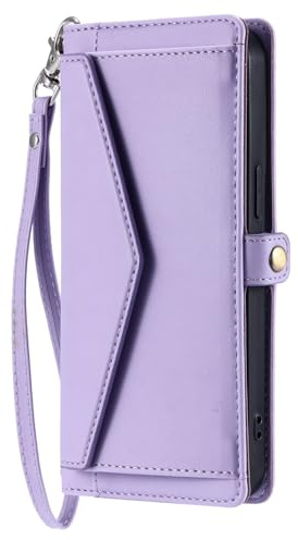 Wuhaizher iPhone 15 Case Flip Folio Purse Style Leather Wallet Case with Wrist Strap Card Holder Slots Magnetic Kickstand Shockproof Bumper Phone Cover for iPhone 15, Purple