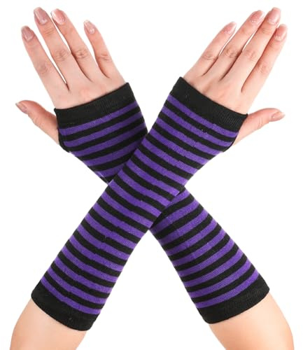 Geyoga Lange Armwärmer Gestreift Fingerlose Handschuhe für Frauen(Lila und Schwarz)