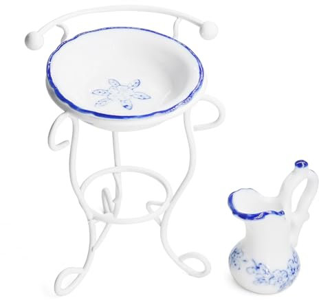 Odoria Dollhouse Washbasin Pitcher Miniature: 1/12 Scale Wash Tub Porcelain - Mini Vintage Victorian Doll House Bathroom Set White Blue Floral
