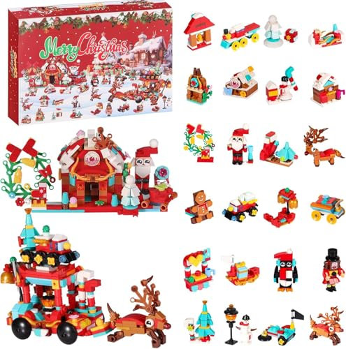 Adventskalender 2025, Bauklötze Adventskalender Kinder Erwachsene 24 Tage Weihnachtshaus 12-in-1 Überraschungsbausteine Countdown Kalender Party Favors für Jungen Mädchen Geschenk