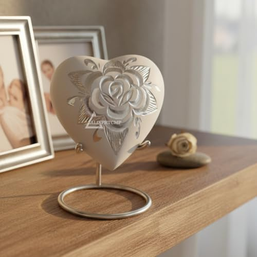 Forever Heart Keepsake Urn with Stand – Mini Heart-Shaped Cremation Urn for Ashes White Rose Design Solid Aluminum Memorial Urn for Loved Ones