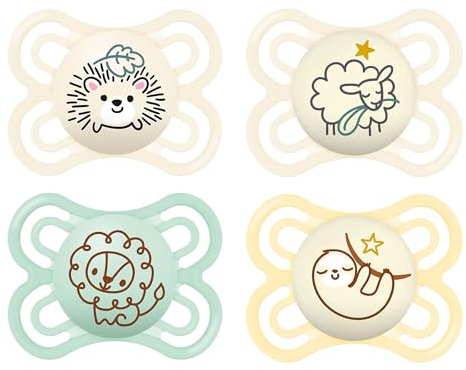 MAM Perfect Day & Night Schnuller | 0-6 Monate | Babyschnuller für Neugeborene | 94% Akzeptanz | beugt Zahnfehlstellungen vor | mit Zahnmedizinern entwickelt| SkinSoft Silikon |Igel/Schaf | 4 Stück