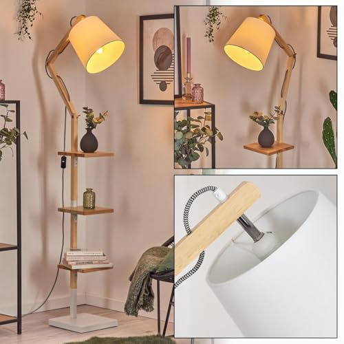 HOFSTEIN Golvlampa, tukkör, golvlampa av trä/metall/tyg i natur/vit, justerbar lampa i bohodesign med hyllor och strömbrytare, 152,5 cm, E27, vardagsrum, sovrum, matsal