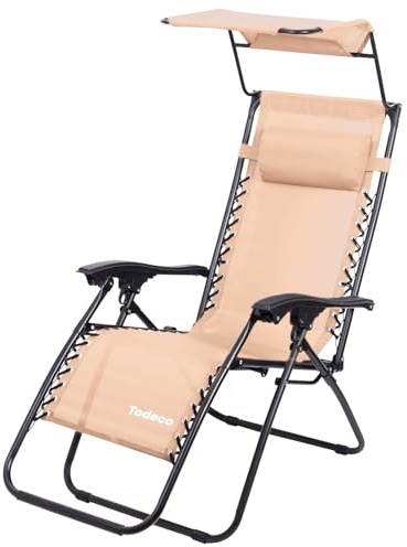 Tumbona Plegable Jardín con Toldo, Silla Gravedad Cero Reclinable, Caqui | incluye Almohada, Respaldo Ajustable, Textilene transpirable, Carga máxima 100 kg, Silla plegable compacta