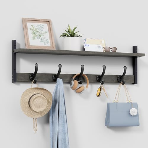Tatub 29 Rustic Coat Rack Wall Mount with Shelf, Entryway Wall Hooks with Shelf, Coat Hangers for Bathroom, Living Room, Bedroom, Dark Grey