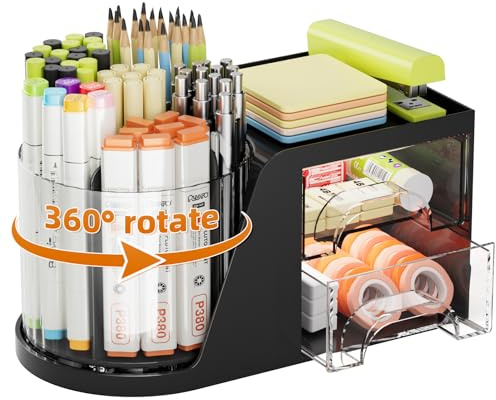 Marbrasse Desk Organiser with Drawer,360-Degree Rotating Pen Holder,Desk Organisers Accessories with 5 Compartments Pencil Organizer,Art Supply Storage Box Caddy for Home Office(Black)