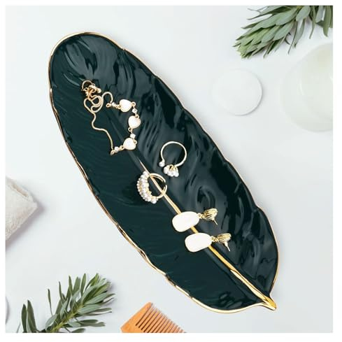 YoHyien Keramisk Smyckesfat, Fjäderformad Smyckeskål, Dekorativ Ringfat, Prydnadsfat för Halsband, Armband, Örhängen, Smyckesfatgåvor för Kvinnor, Nana, Mor, Dotter (Cyan)