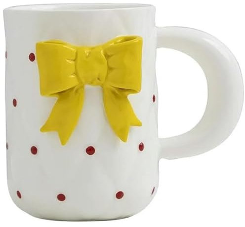 Huiyiwert Taza de café grande con lazo 3D, taza de oficina, de porcelana, 450 ml, taza de leche, bonita taza de té, regalo para mujeres, niñas, novia, cumpleaños, boda, Navidad (amarillo)