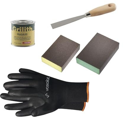 Grilith Holzkitt - Spachtelmasse für Holz, ideal zur Holzreparatur - Holzspachtelmasse mit Schleifblöcke K100 & K180 und Spachtel, Kiefer 100ml