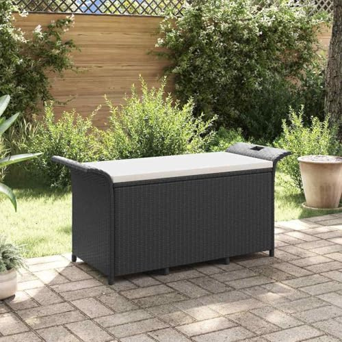 Myheimly Gartenbank mit Kissen Gartenbank Poly Rattan Bank Sitzbank Auflagenbox Kissenbox Gartentruhe Schwarz 116x46x57 cm Poly Rattan