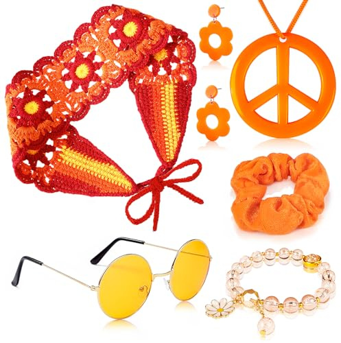 Oerphh 7 Stück Hippie Accessoires Damen Set,Vintage Hippie Kostüm Zubehör mit Brille, Peace Kette, Ohrringen, Boho Stirnband, 70er Jahre Verkleidung Hippie Party Zubehör für Karneval & Mottoparty