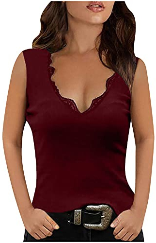 Camisetas sin Manga Mujer Verano Moda Color sólido Casual Cuello en V Encaje Goth Punk Chaleco Camisola Sexy Camisetas de Tirantes Tank Tops Fiesta Playa Camisa Slim Fit tee