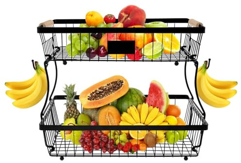 2 Tiers Fruit Basket, Metal Fruit Stand with Wood Handle, Bread Basket Vegetable Rack, Kitchen Counter Produce Holder Organizer for Home, Kitchen Office
