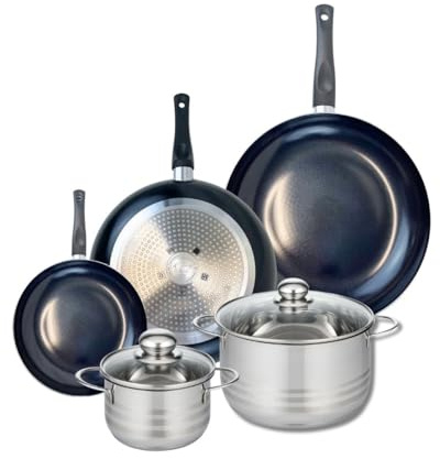 ELO 9747550 Batterie de cuisine 5 pièces, Ensemble de 3 Poêles de cuisson 20, 28 et 32 cm et 2 faitouts 14 et 20 cm Elo Prima Brillant, inox, induction