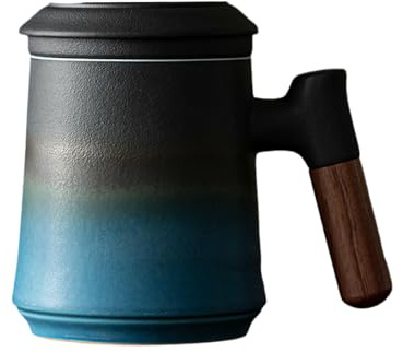 Taza de té personal de 400 ml con filtro de tapa, taza de trabajo de cerámica para separación de agua y té, color azul