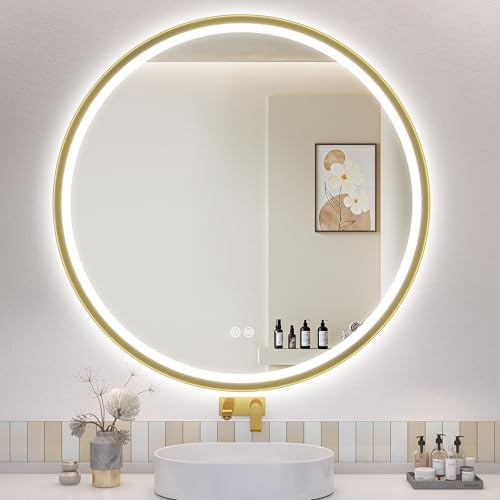 S'bagno Round Bathroom Mirror with LED Lights 800mm, Gold Aluminum Frame | Illuminated Bathroom Mirror, Demister Pad, 3 Colors, Dimmable, Memory, Tempered Glass, IP44 Waterproof, CRI>90