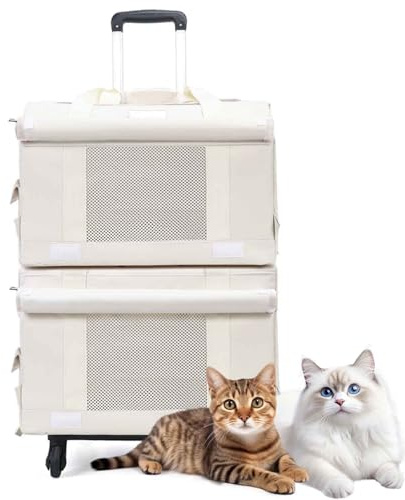 PJDDP Abnehmbarer Katzenrucksack Für 2 Katzen, Hunde Transportbox Mit Rollen, Katzen Wagen Für Transport Mit Teleskopgriff Und Schulterriemen