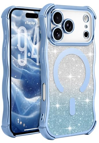 Wirvyuer for iPhone 17 Pro Curly Wave Frame Magnetic Case, Compatible with Magsafe with Removable Glitter Sparkly Card Cover, Clear Shockproof Anti-scratch Phone Case for Women Girls, Blue