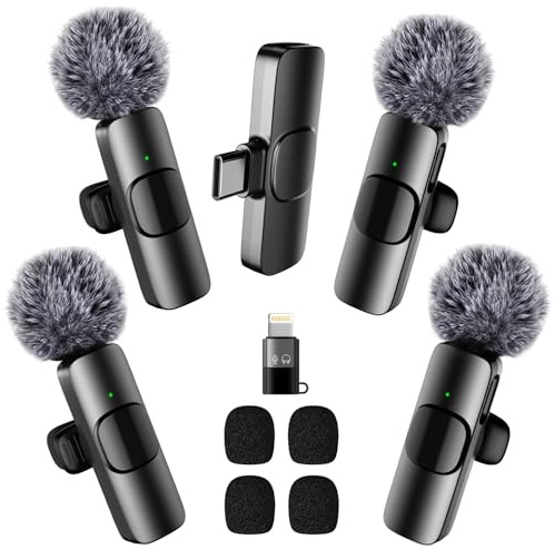 BYbrutek 4 Pack Wireless Lavalier Microphone for iPhone and Android - Mini Mic with Noise Reduction for Video Recording, Live Streaming, Interviews, YouTube, TikTok, and Vlogging