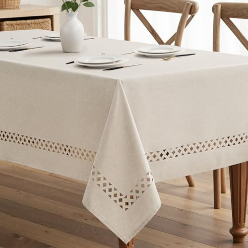 MIULEE Leinenoptik Tischdecke Beige Polyester Rechteckig Hohlsaum 140x100cm | Wasserabweisend Fleckabweisend Leinenoptik Elegant Esstisch Küche Garten Party Vielseitig Pflegeleicht Maschinenwaschbar