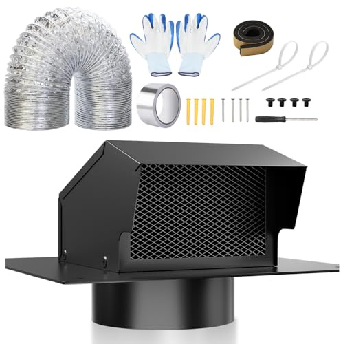 Bamgoten 4 Inch Roof Vent Cap Kit, Removable Roof Exhaust Vent with Damper for Ventilation System, Durable Stainless Steel Vent Cover with Flex Aluminum Foil Ducting, Aluminum Foil Tape, Rubber Seal