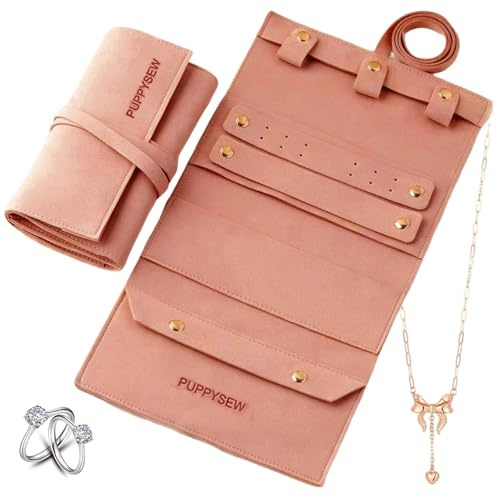Touosy 34 × 17 CM Plegable Joyero de Viaje Joyeros Mujer Organizador Joyeros Grandes Caja Joyas de Viaje Rollo Joyas para Viajes Collares Anillos Pulseras Pendientes (Rosa)