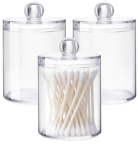 YANKOIUK 3 Pack Cotton Bud Holder, Clear Plastic Storage Jars with Lids