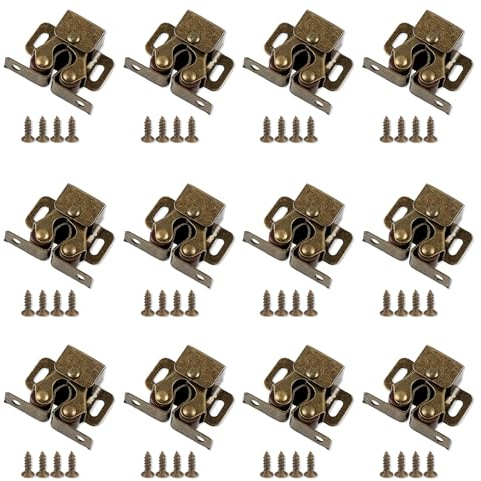 JNYUTEEN 12 Piezas Doble Rodillo Gabinete Pestillo Puerta, Pestillo de Doble Rodillo en Bronce con Tornillos, Cierre para Puerta de Armario y Mueble para Hogar Cocina Armario Cómoda