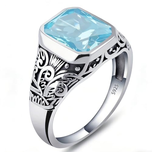 Empha Blaugrün Herrenring aus 925er Sterlingsilber Damen Vintage Jahrgang Quadratische Form Natürlicher Topas mit filigraner Hochzeit Versprechen Ring