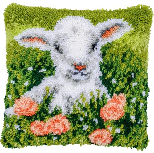 VERVACO Knüpfkissen Set Deko Kissenbezug Knüpfset für Anfänger LAMM UND BLUMEN Basteln Erwachsene Kreativ DIY Handarbeit Set Kissen zum Selber Knüpfe 40 x 40 cm Latch Hook Kit Knüpfhaken Set Kissen