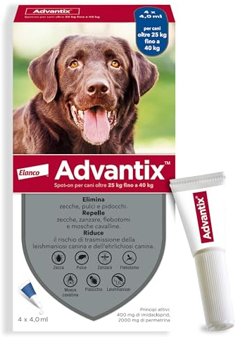 Advantix® Spot-on antiparassitario per Cani da 25 kg a 40 Kg, 4 pipette da 4,0 ml. Elimina zecche, pulci, pidocchi in casa. Protegge da zanzare, pappataci e rischio di leishmaniosi.