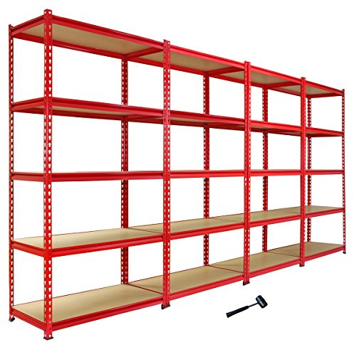 Garage Shelving Unit Pack of 4 x 5 Tier Heavy Duty Racking Storage Steel Utility Shelves Red Metal & MDF Boltless Assembly 7200kg Capacity 360kg Per Shelf 183cm x 90cm x 45cm FREE Rubber Mallet