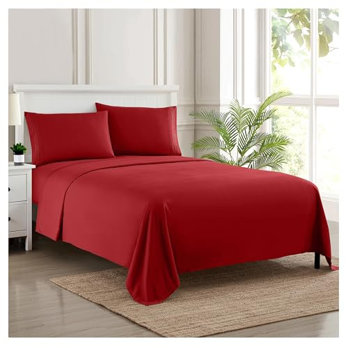 Sweet Home Collection Luxury Bedding Set with Flat, Fitted Sheet, 2 Pillow Cases, Microfiber, Red, Full