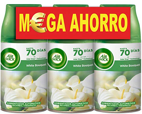 Air Wick Freshmatic Recambios de Ambientador Spray Automático, Esencia para Casa con Aroma a White Bouquet - Pack de 3
