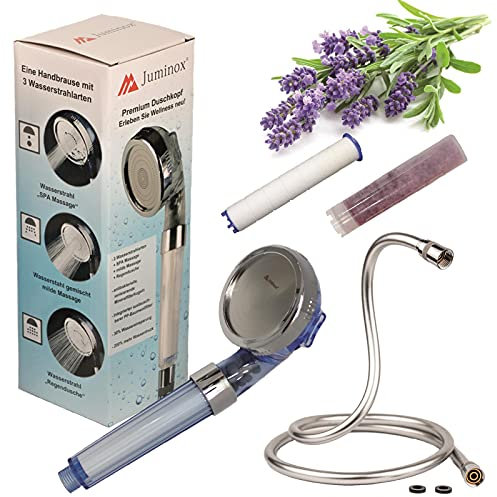Juminox Premium Set Duschbrause, Duschschlauch, Aromafilter, PP-Baumwollfilter Set Blau + Aroma Gelfilter Lavendel