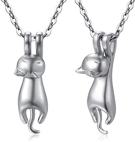 jiamiao Katthalsband för kvinnor och damer, katt- och fisk-halsband, katt, måne, halsband, sterling silver, kattsmycken för kvinnor, flickor, två katter, hänge, Sterlingsilver