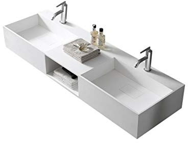 BERNSTEIN - Double Vasque Lavabo Rectangulaire à poser/suspendre fonte minérale Lave main mural Blanc mat 150x45x20cm + Etagère - Design, Robuste & Durable - TWG235