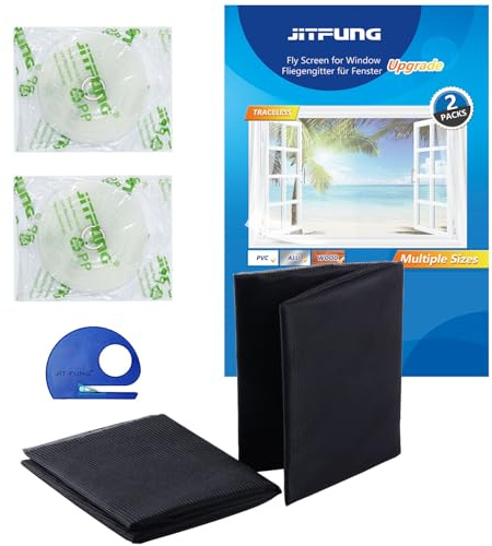 JIT-FUNG Fliegengitter Fenster, Zuschneidbares Moskitonetz, Insektenschutz mit Starkem Klettband [SPURLOS] & Zuschneider, Fliegen Netz ohne Bohren – Schwarz, 130 x 155 cm (Quadrat, 2er-Set)