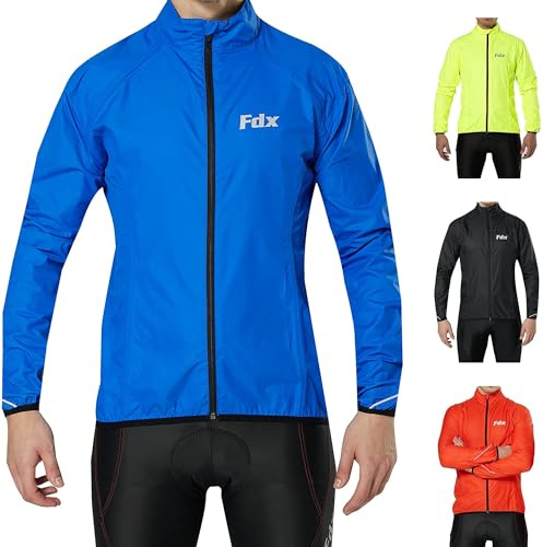 Fdx Men’s Cycling Jacket - Waterproof Lightweight Breathable Cycle Rain Tops - High Visibility Full Sleeves Taped Seams Reflective Jersey - Windproof Coat for Riding, Running, Bike Racing (Blue Large)